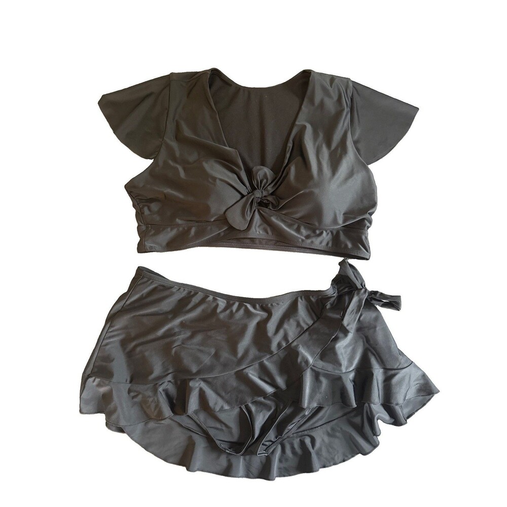 TORRID | 3x Black Plus Size Wireless Flutter Sleeve Bikini Top Swim Skirt Set